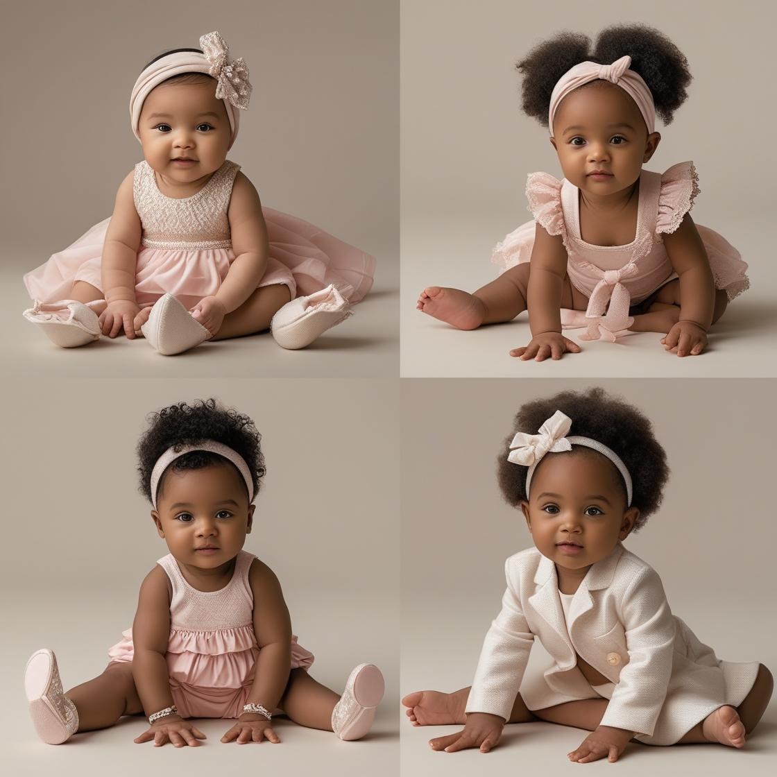 Four diverse baby girls of different ages modeling premium clothing sets - dress, romper, tutu, and formal sets for Millivan Supplies Baby Girls' Fashion Collection.