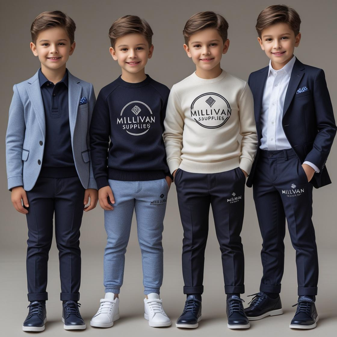 ALT TEXT: Four diverse boys of different ages modeling premium fashion - jacket, sweater, t-shirt, and suit styles for Millivan Supplies Boys' Fashion Collection.