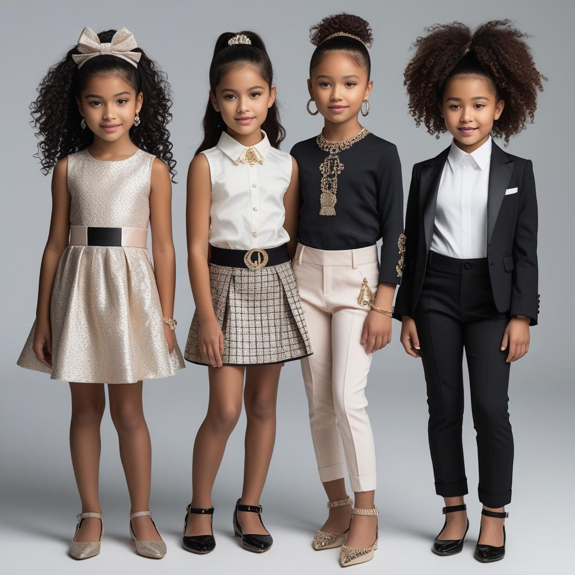 ALT TEXT: Four diverse girls of different ages modeling premium fashion - dress, skirt, pants, and jumpsuit styles for Millivan Supplies Girls' Fashion Collection.