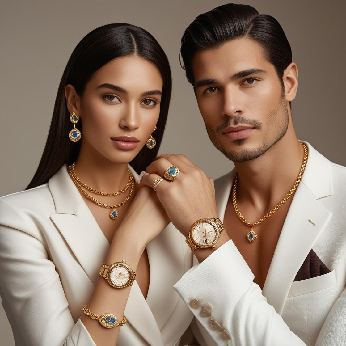 Man and woman modeling premium jewelry and accessories - wearing watches, necklaces, and luxury pieces for Millivan Supplies Jewelry and Accessories Collection.
