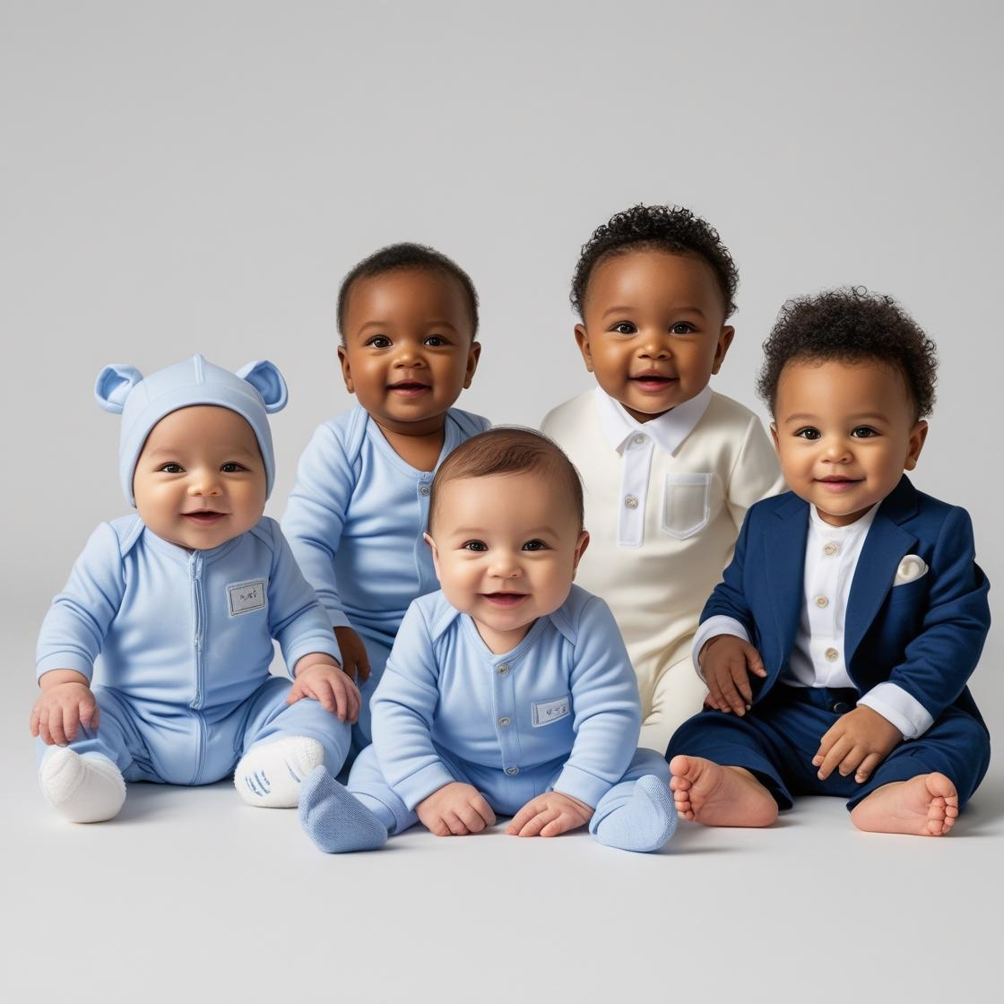 Four diverse baby boys of different ages modeling premium clothing sets - onesie, romper, outfit, and formal sets for Millivan Supplies Baby Boys' Fashion Collection.