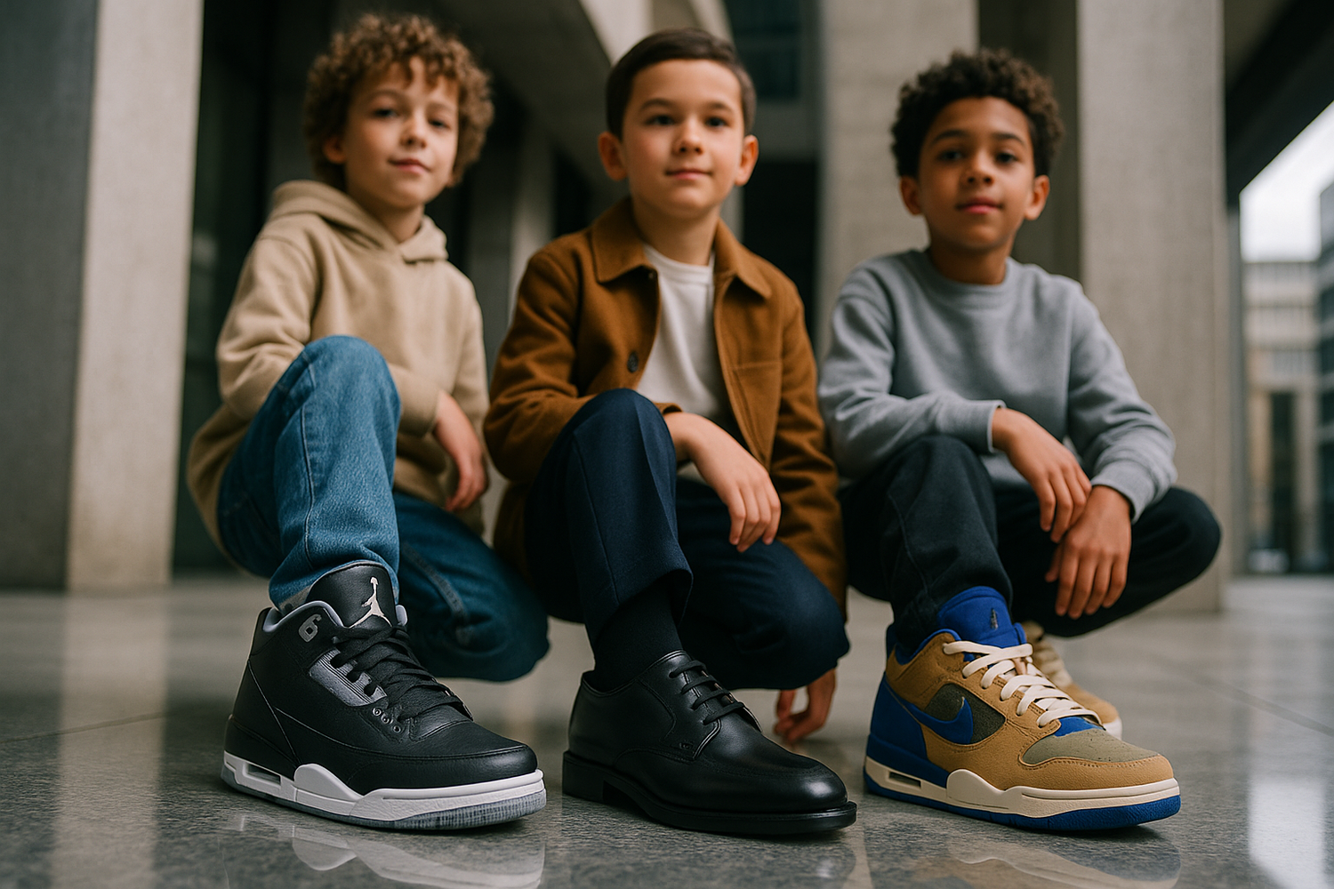 premium footwear - sneakers, dress shoes, boots, and loafers in various colors for Millivan Supplies Boys' Shoes Collection.