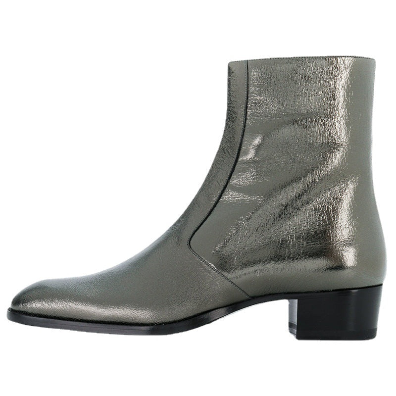 Metallic silver ankle boot on a white background