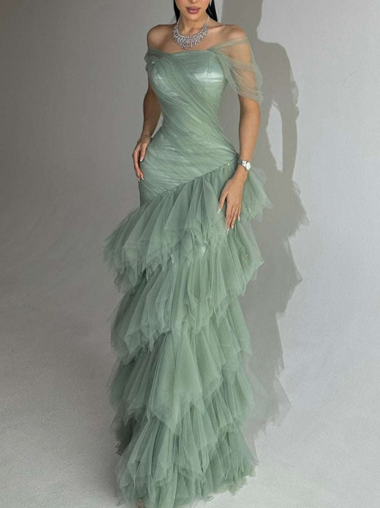 Women's Strapless Mermaid Maxi Dress With Layered Tulle Skirt | Sage Green | XS–XL