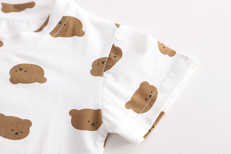 Adorable Bear Brother Two-Piece Baby Outfit - Short Sleeve Top & Strap Pants Set