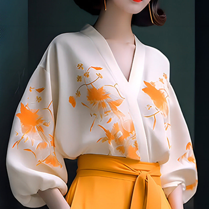Women's Retro Two-Piece Set - Adult Slimming Shirt & Wide-Leg Pants Suit