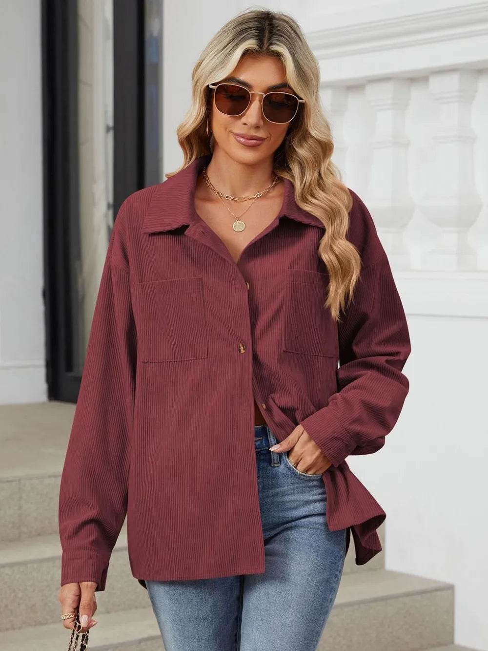 Button Up Dropped Shoulder Long Sleeve Outerwear - Millivan supplies
