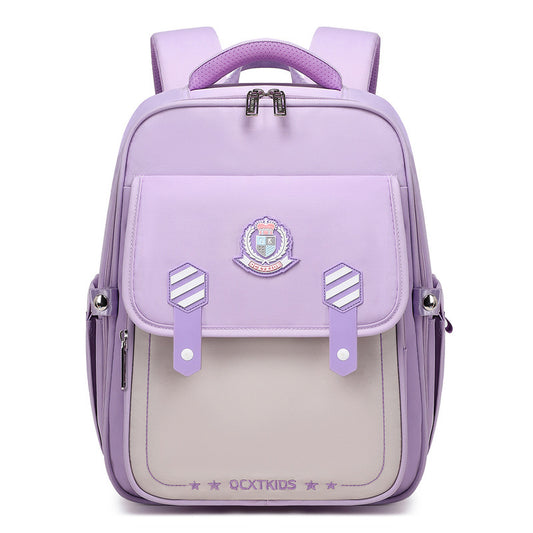 Purple and gray school backpack with a logo on a white background