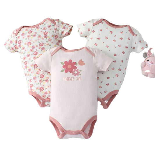 Set of baby bodysuits with floral patterns and 'Mama's Girl' text on a white background