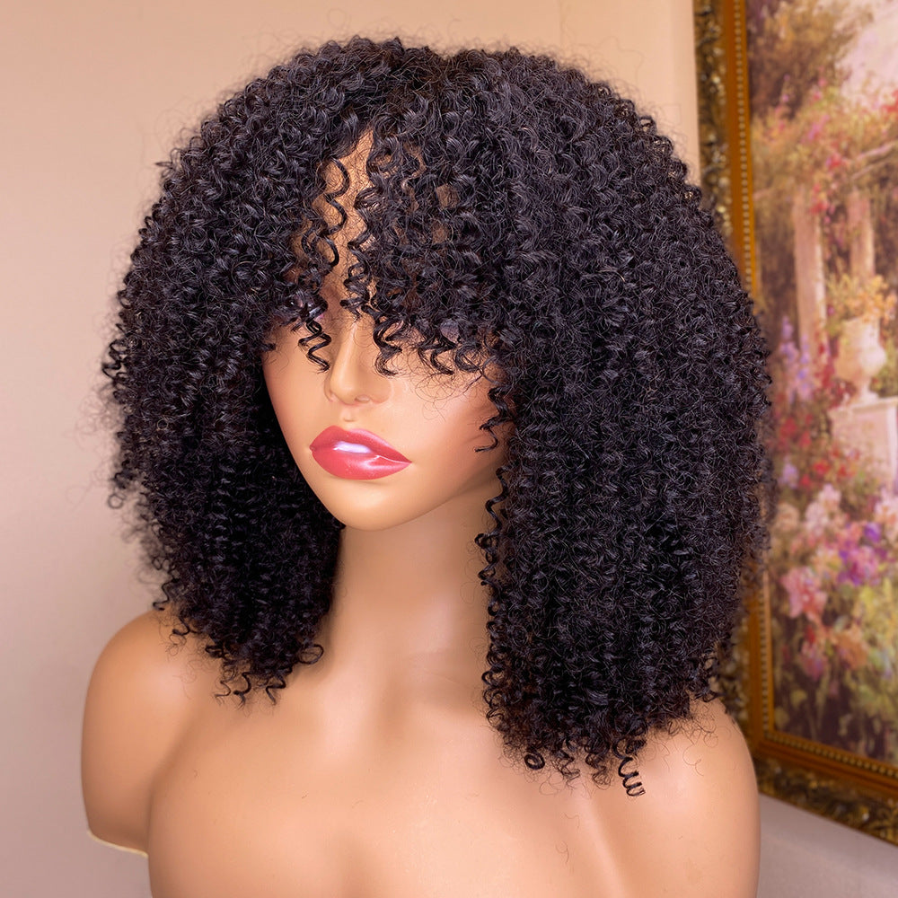 Women's Textured Curly Human Hair Wigs - Adult Natural Wigs With Bangs