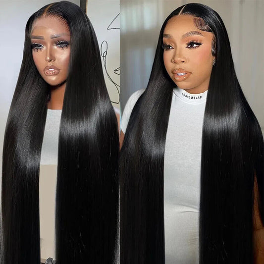 Two images of a person with long black hair, one on the left and one on the right, against a neutral background.