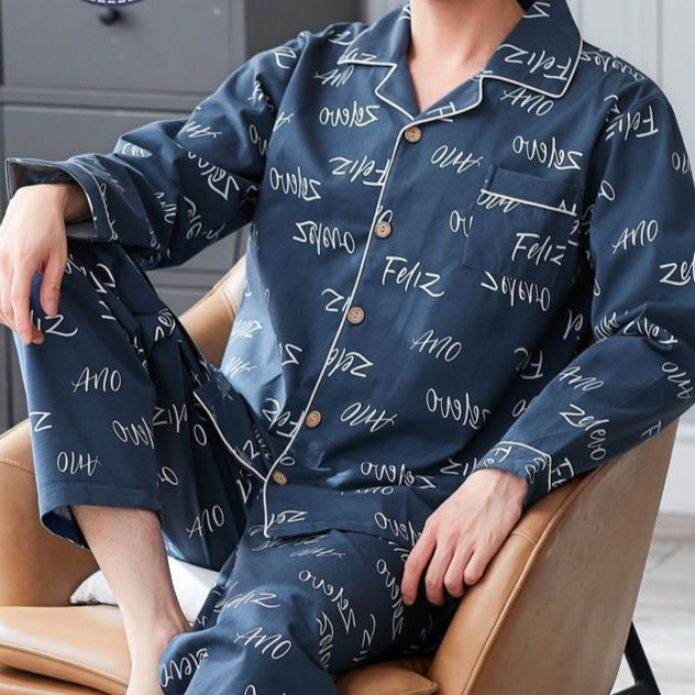 Men's Cotton Pajama Suit - Adult Autumn Winter Long-Sleeve Home Wear