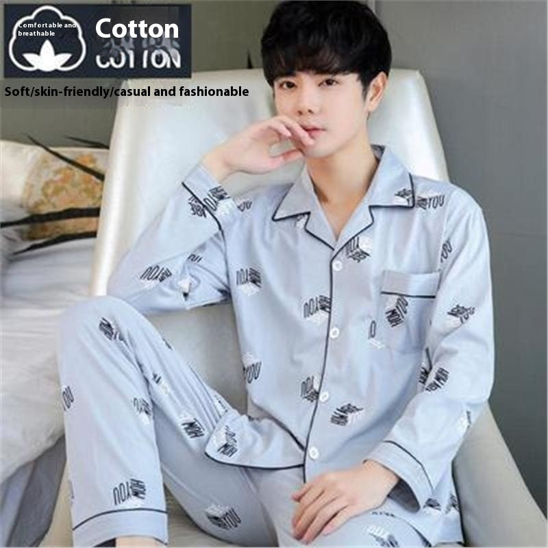 Men's Cotton Pajama Suit - Adult Autumn Winter Long-Sleeve Home Wear