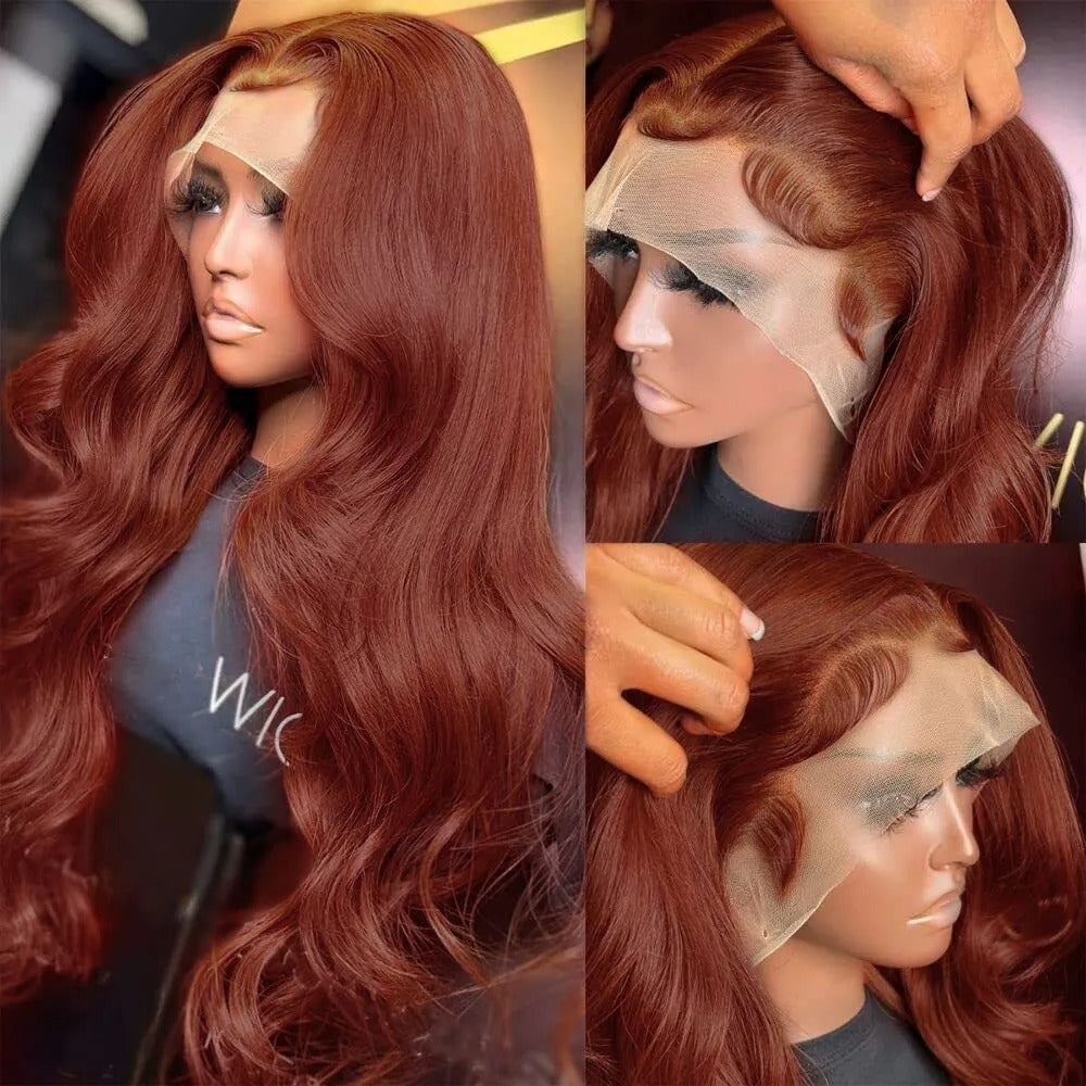 Reddish-brown wig on a mannequin head with close-up details.