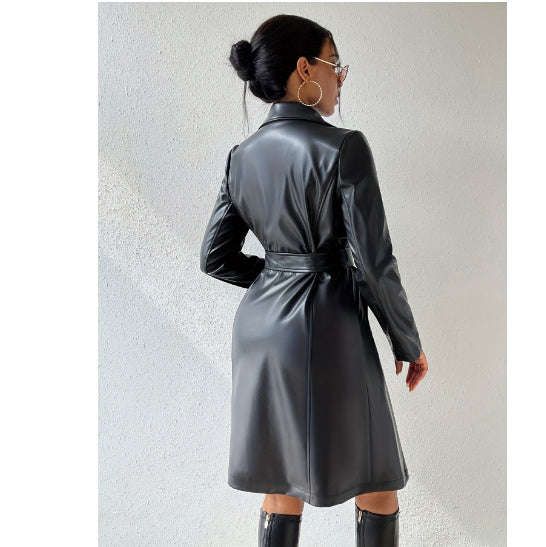 Luxurious PU Long Sleeve Women's Slim Fit Long Trench Coat