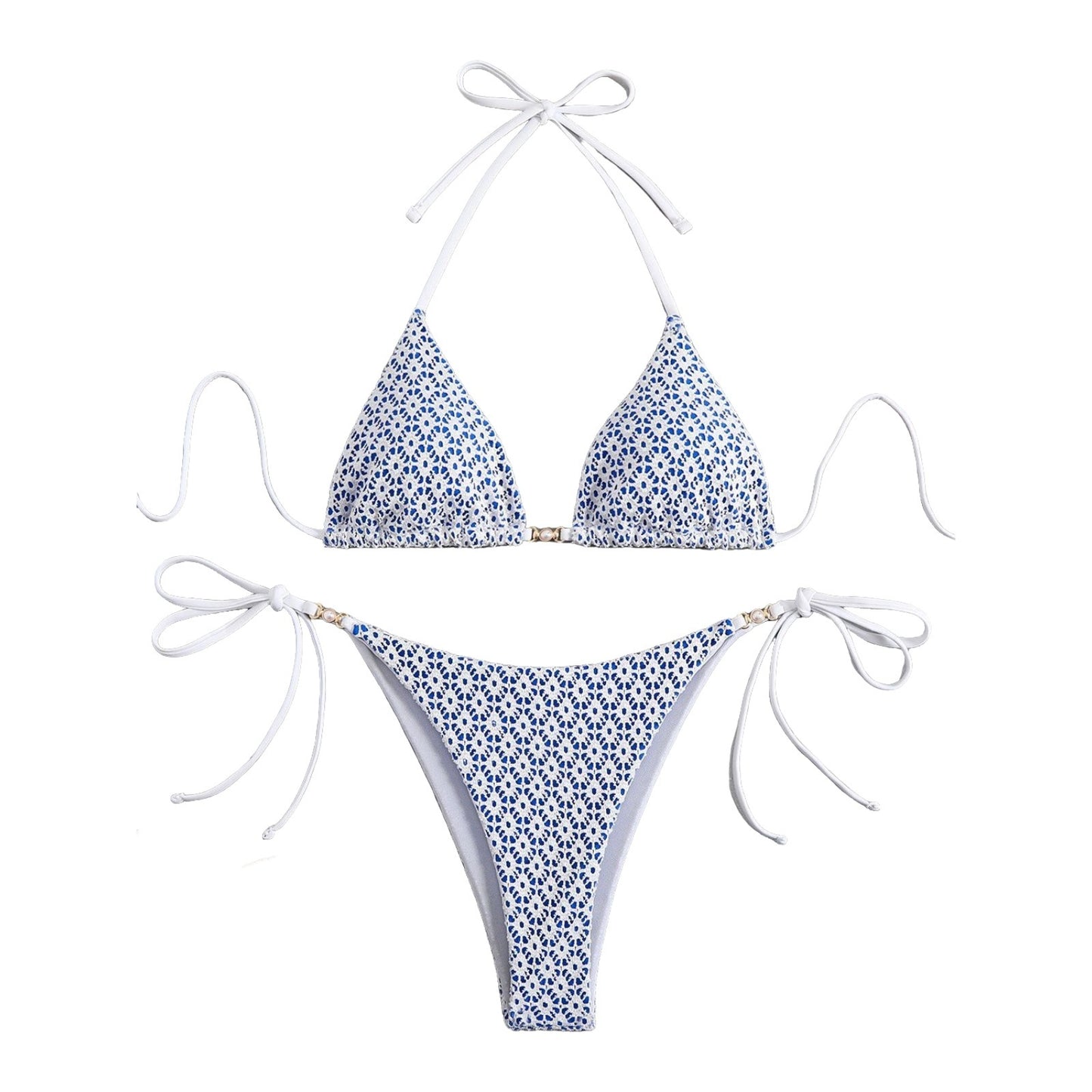 Blue floral bikini set with white straps on a white background