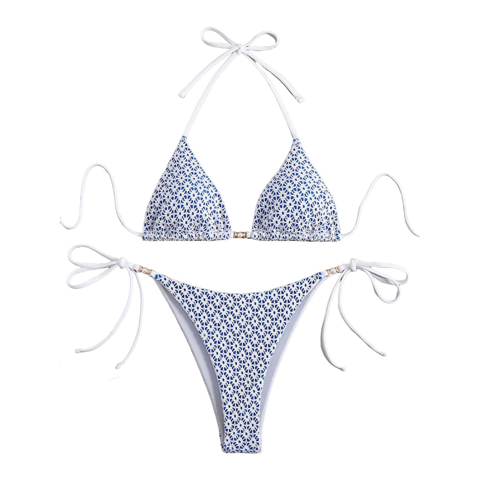 Blue floral bikini set with white straps on a white background