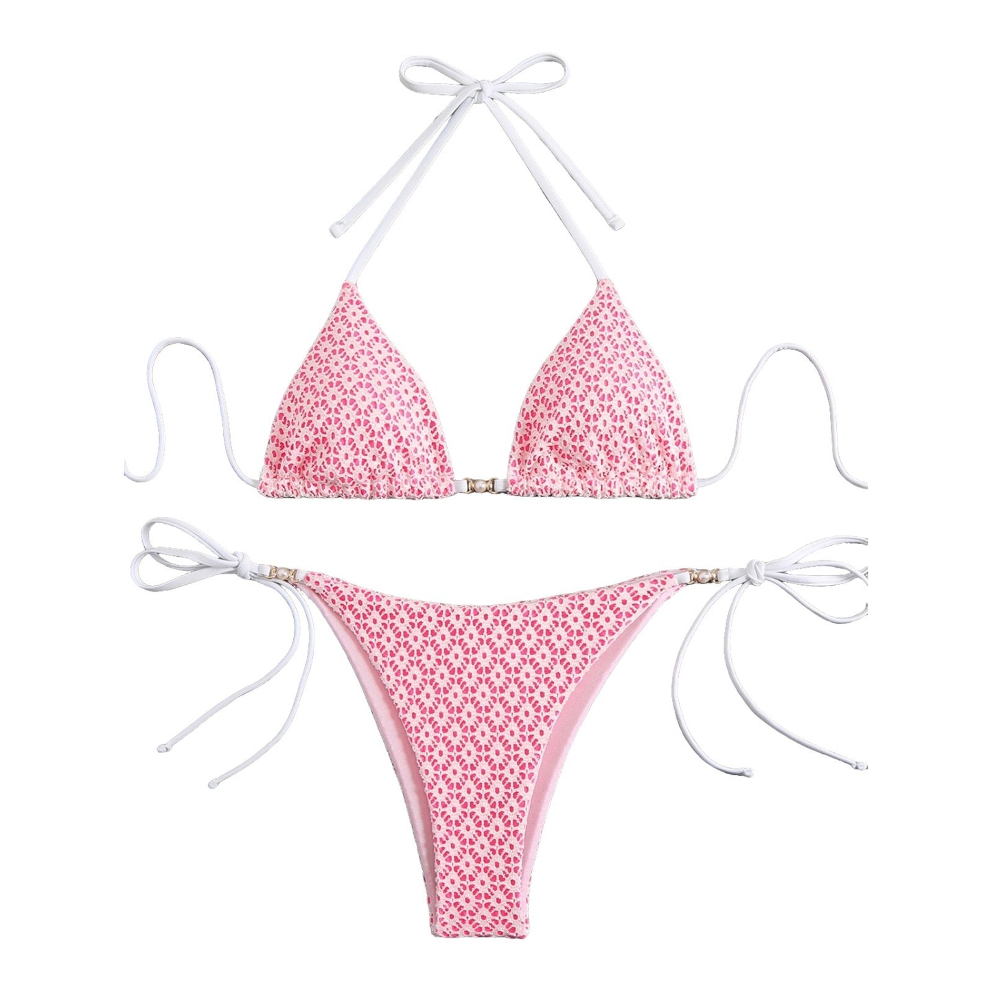 Pink floral bikini set with white straps on a white background
