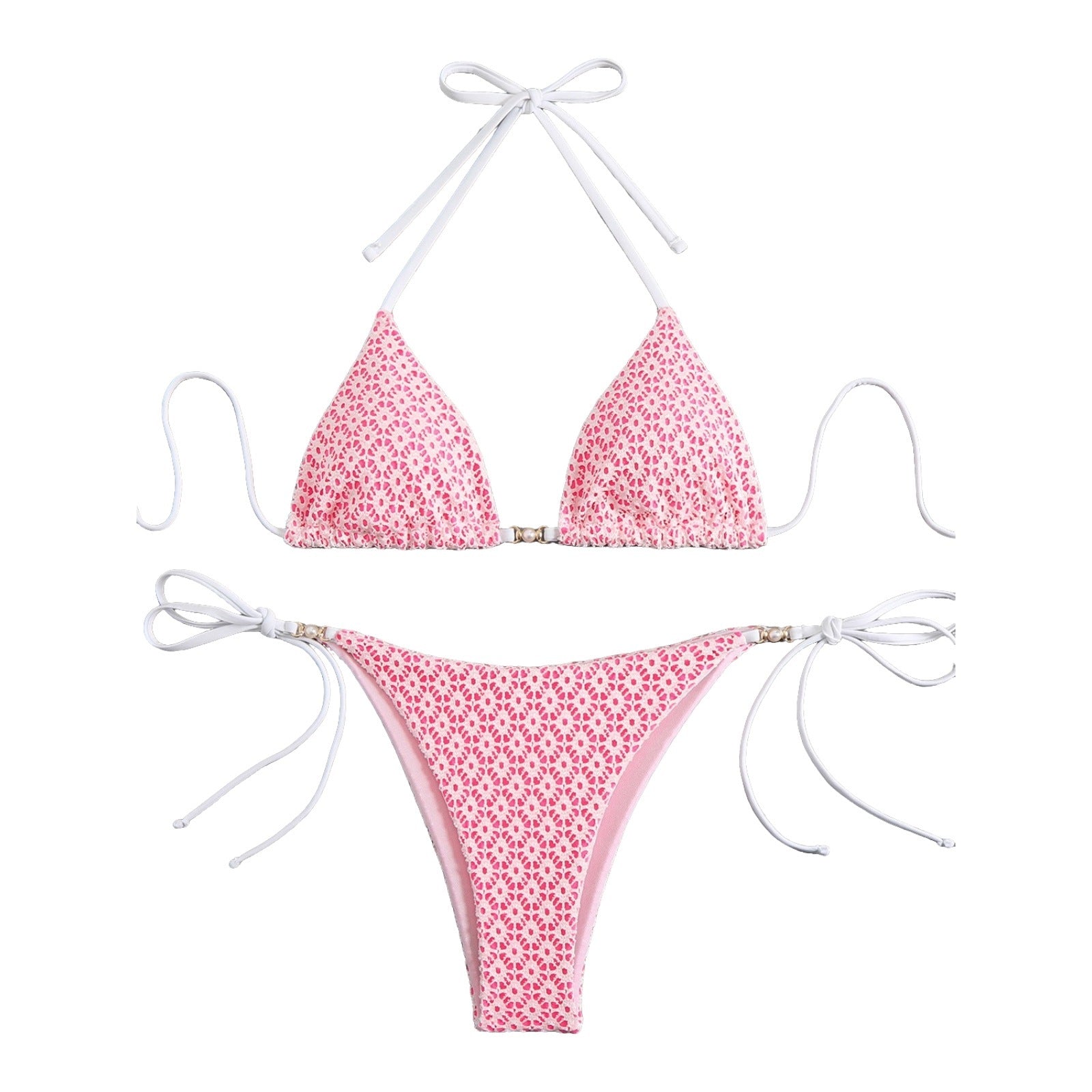 Pink floral bikini set with white straps on a white background