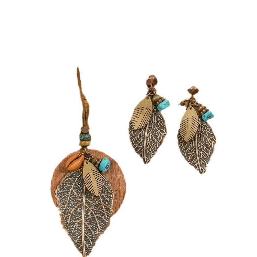 Women's Bohemian Retro Jewelry Set - Leaf Design Earrings & Necklace
