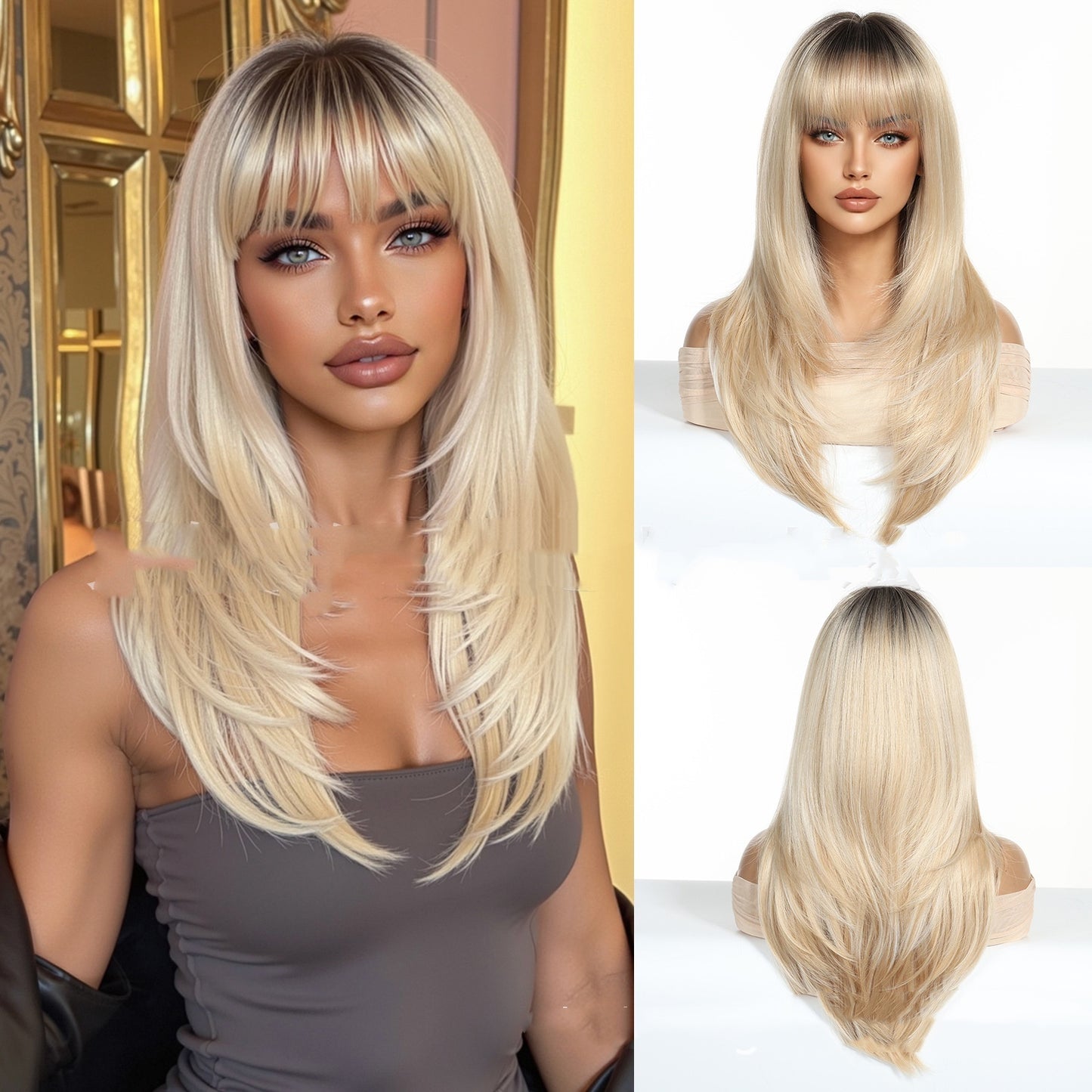 Blonde wig with bangs displayed on a mannequin head and a model.