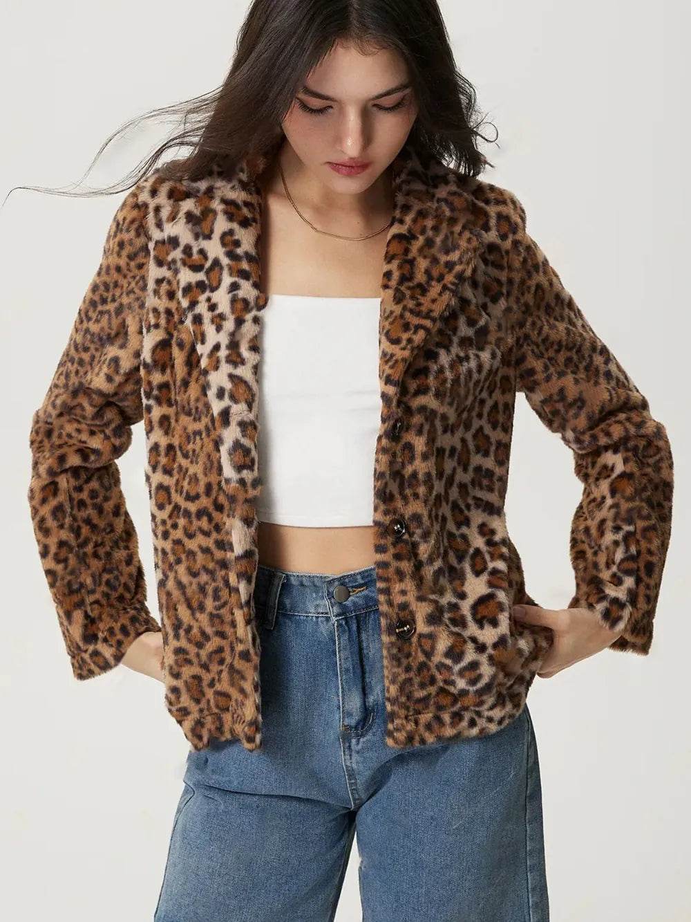 Fuzzy Leopard Collared Neck Jacket - Millivan supplies