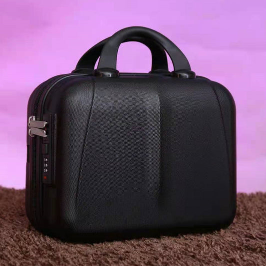 Black suitcase on a brown surface with a purple gradient background