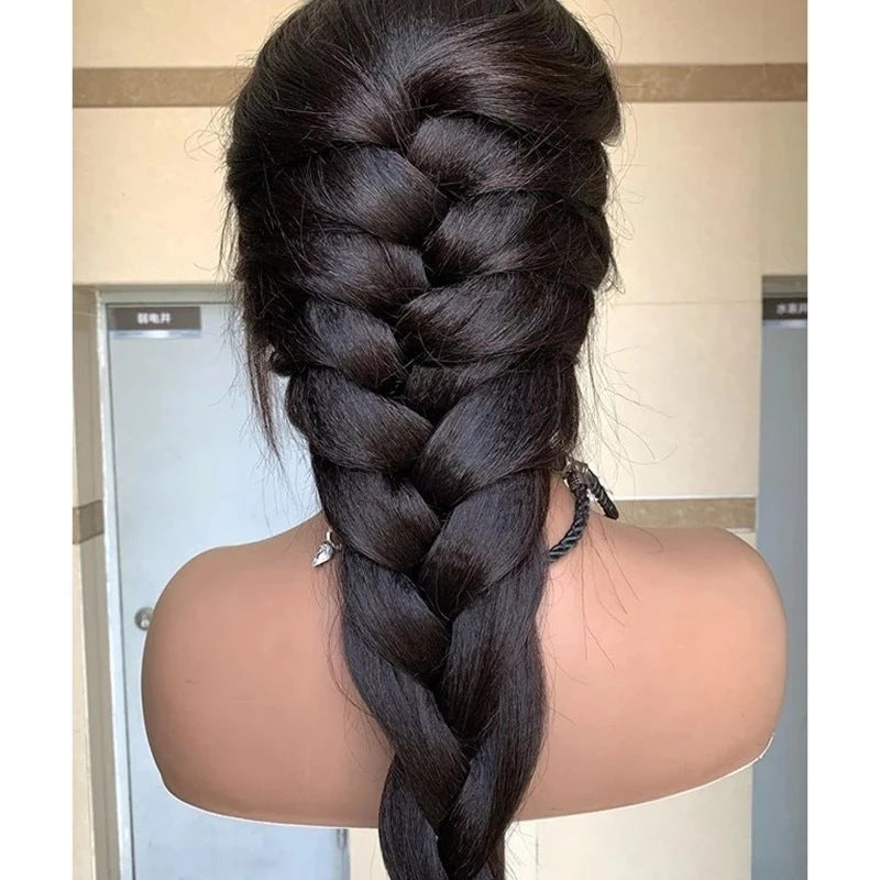 Long braided hairstyle on a neutral background