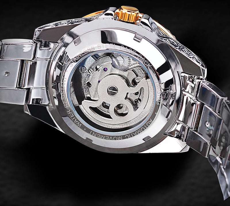 Forsining Men's Skeleton Carved Tourbillon Mechanical Watch – Automatic Self-Wind 44mm Stainless Steel | Yellow Gold