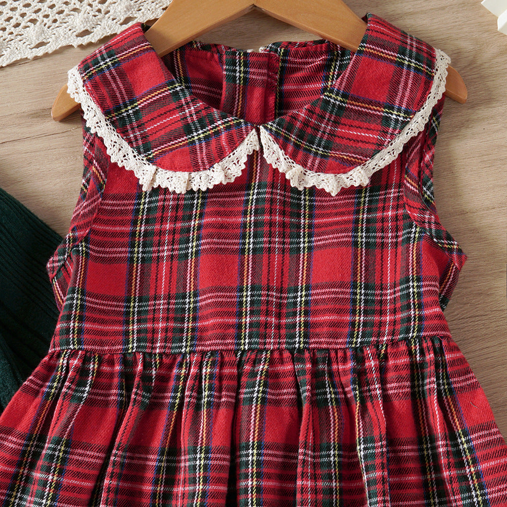 Girls Autumn Knitted Lace Top Plaid Vest Skirt Suit