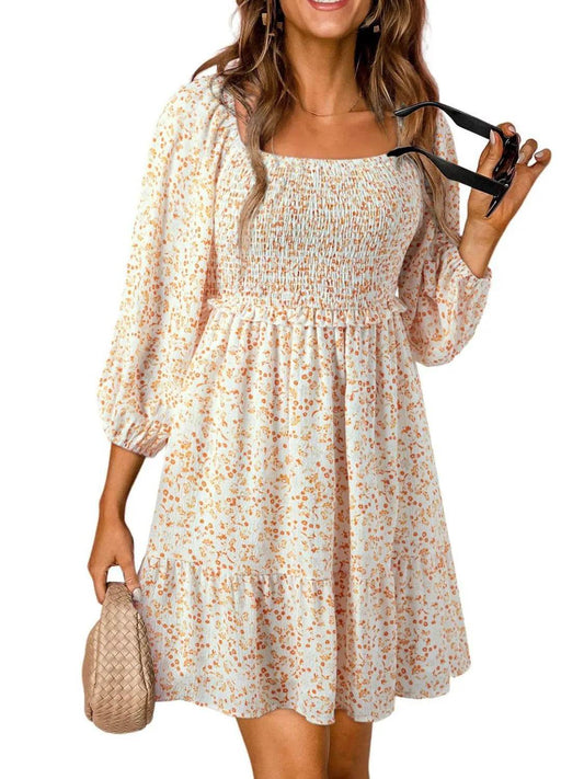 Smocked Floral Square Neck Dress - Millivan supplies