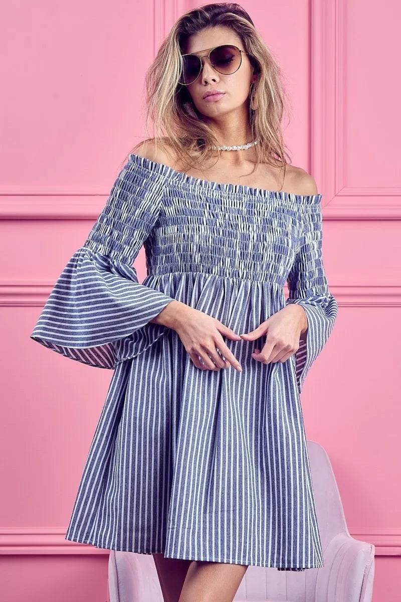 BiBi Smocked Off Shoulder Striped Dress - Millivan supplies