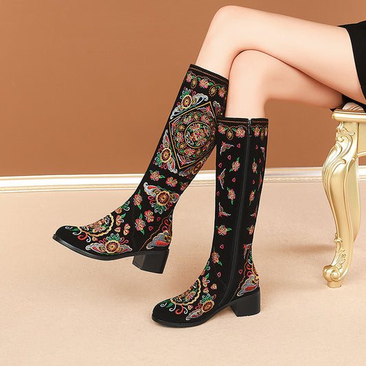 Frosted Embroidery Flower High Boots Female