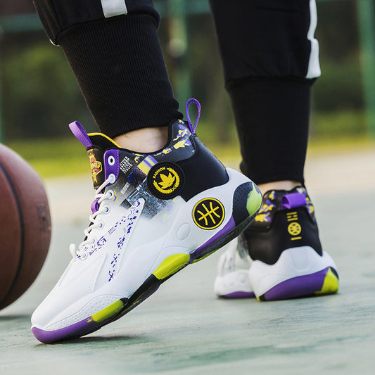 Basketball shoes with purple, yellow, and white design on a basketball court.