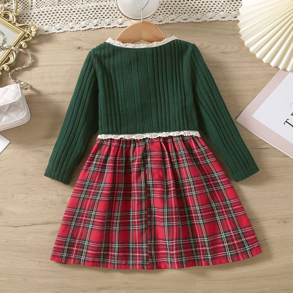 Girls Autumn Knitted Lace Top Plaid Vest Skirt Suit