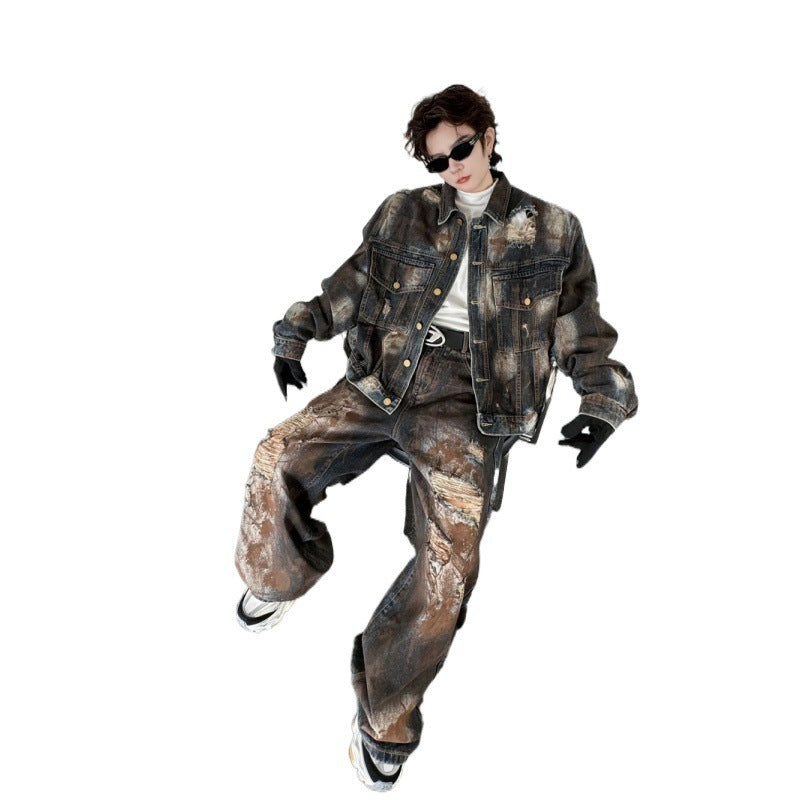 Painting Do The Old Cowboy Jacket Ripped Denim Trousers Men Loose Outfit - Vintage Western Set