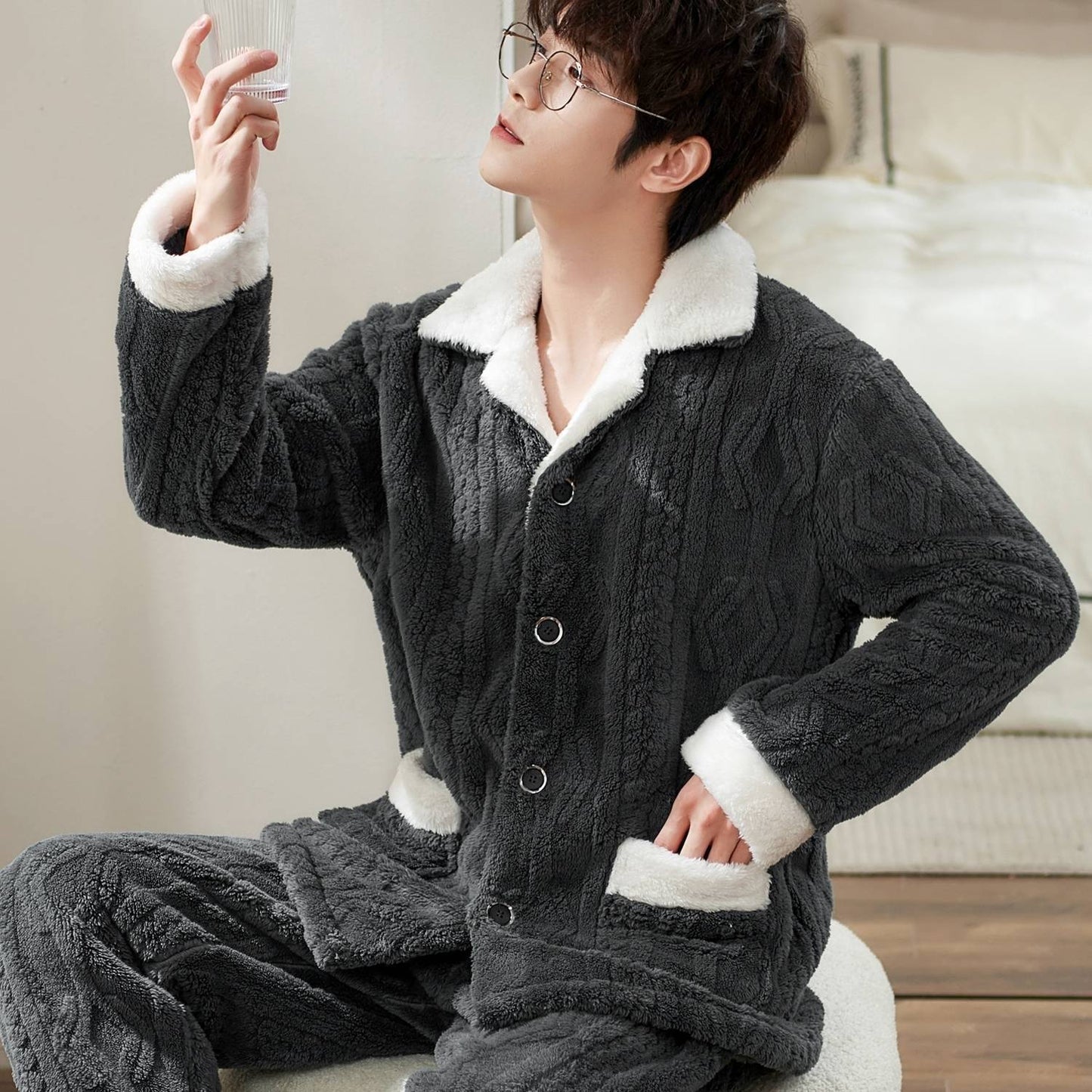 Men's Fashionable Warm Thickened Facecloth Pajamas - Fashion Simple Winter Sleepwear