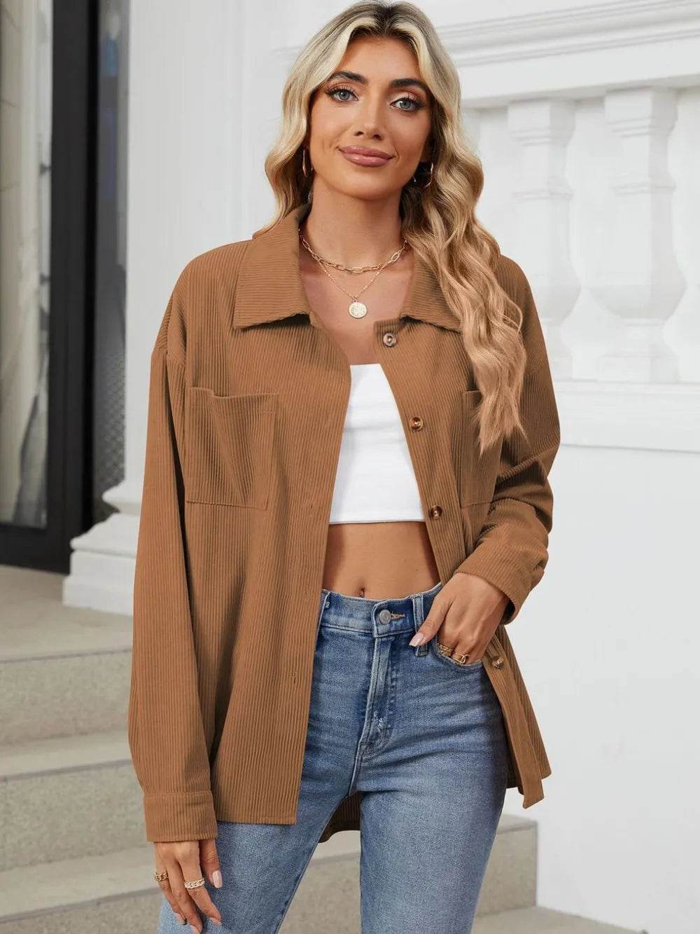 Button Up Dropped Shoulder Long Sleeve Outerwear - Millivan supplies