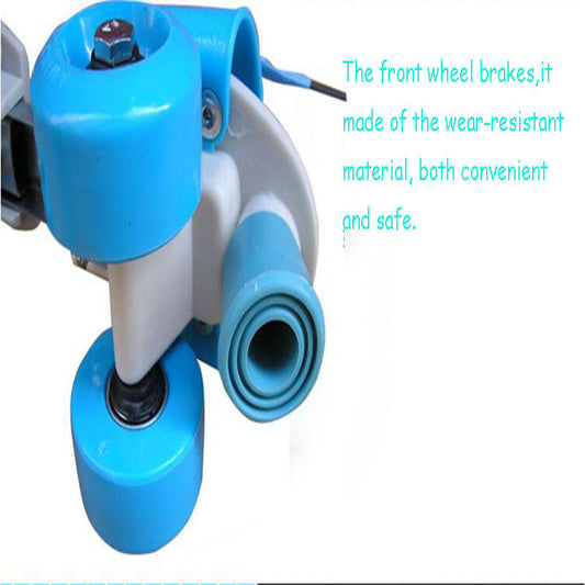 Blue front wheel brake system with text on a white background