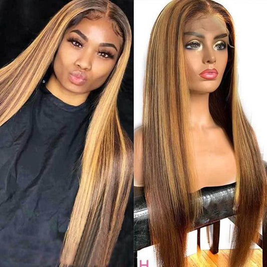 Side-by-side comparison of a person with long blonde hair and a mannequin head with similar hair on a white background.