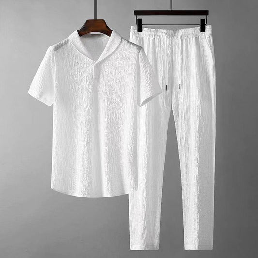 Men's Summer Leisure Suit - Short Sleeve Top & Drawstring Trousers Set