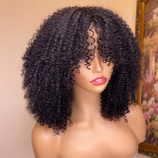 Women's Textured Curly Human Hair Wigs - Adult Natural Wigs With Bangs