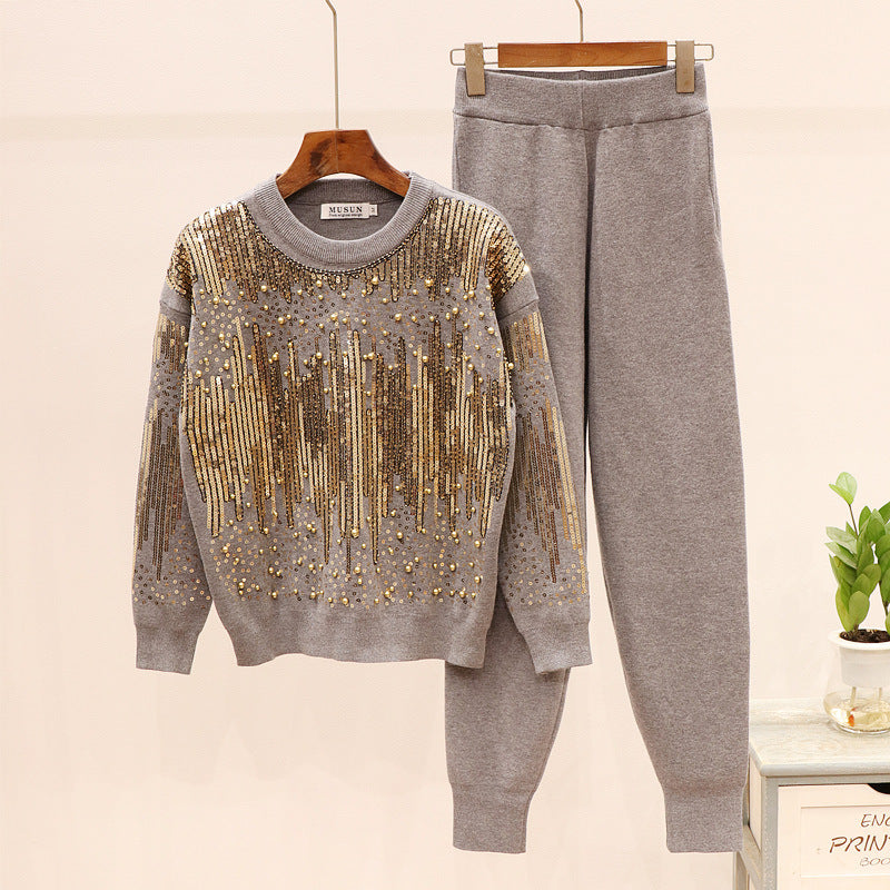 Sequined Beaded Long-Sleeve Knitwear Casual Pants Set