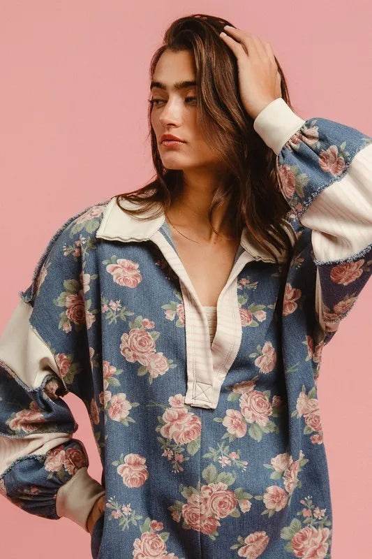 BiBi Washed Floral Denim Romper With Contrast Collar - Millivan supplies