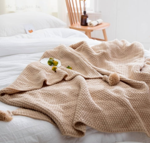 Nordic Fringed Knit Ball Blanket Wool Blanket Office Air Conditioning Lunch Break Shawl Sofa Leisure Blanket - Acrylic 900g