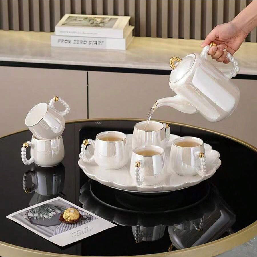 Light Luxury High-grade Ceramic Tools Suit - 8-Piece Tea Set Mat Glaze Lace Disc