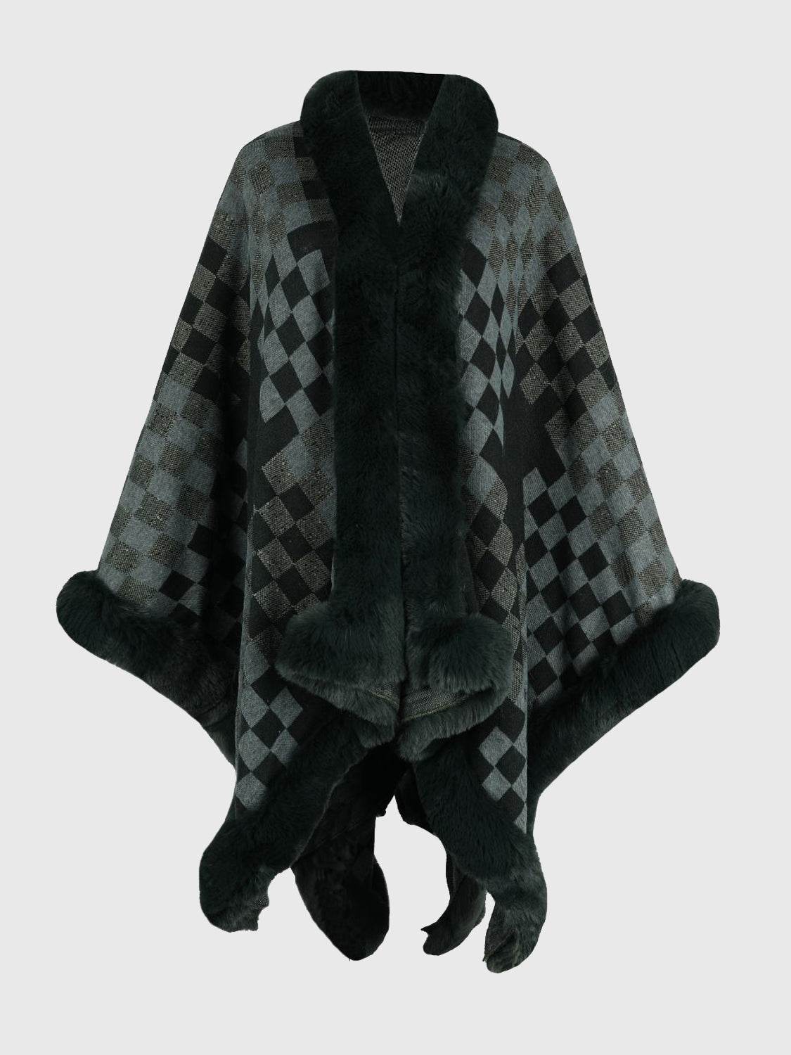 Checkered Faux Fur Trim Poncho - Millivan supplies