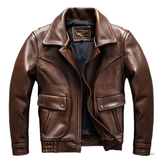 A brown leather jacket with a pointed collar, front zipper, and two flap pockets, shown on a plain white background.