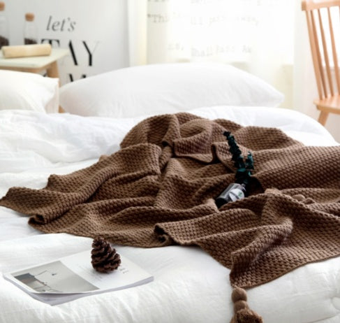 Nordic Fringed Knit Ball Blanket Wool Blanket Office Air Conditioning Lunch Break Shawl Sofa Leisure Blanket - Acrylic 900g