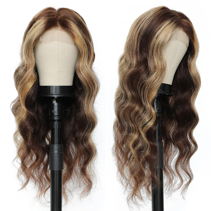 Two wigs on mannequin heads with brown and blonde ombre hair on a white background.